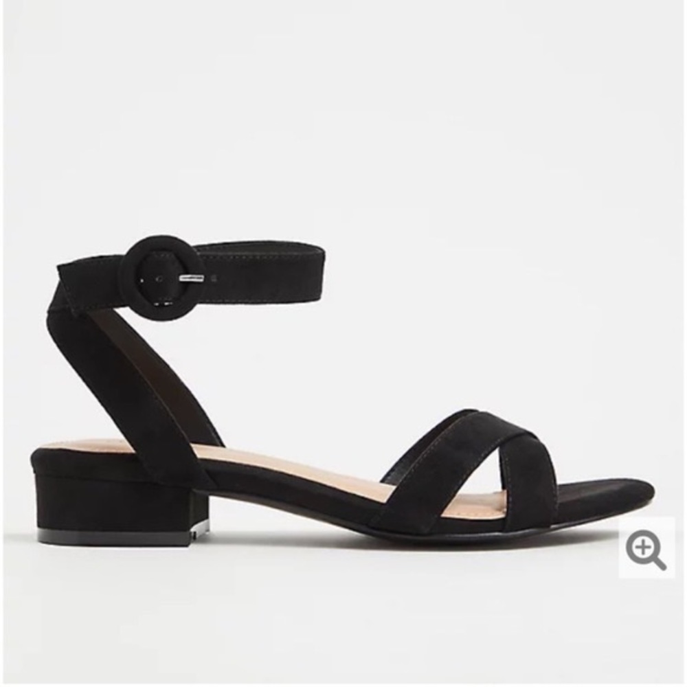 ISO: TORRID black faux suede cross toe mini block heel sandals